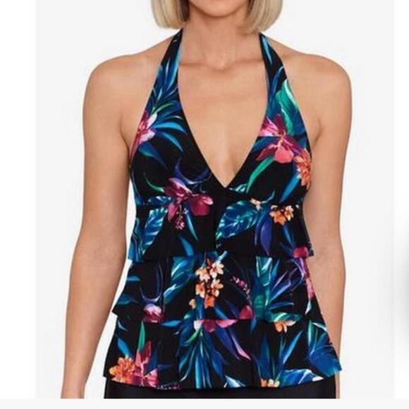 SWIM SOLUTIONS WOMENS PRINTED TIERED HALTER TANKINI TOP swimwear, New 10 - Picture 2 of 13